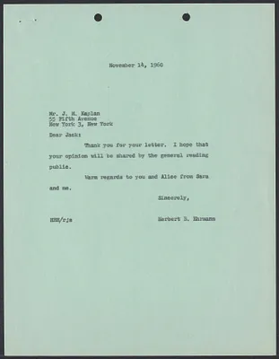 Herbert Brutus Ehrmann Papers, 1906-1970. Sacco-Vanzetti. Correspondence re: 1960 edition of The Untried Case. Box 3, Folder 13, Harvard Law School Library, Historical & Special Collections