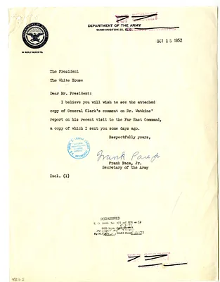 Memorandum from Secretary of the Army Frank Pace to President Harry S. Truman, with Attachment and Related Material