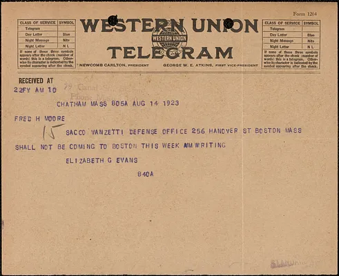 Elizabeth G[lendower] Evans telegram to Fred H. Moore, Chatham, Mass., August 14, 1923
