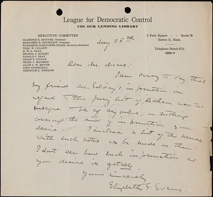 Elizabeth G[lendower] Evans autograph letter signed to [Fred H.] Moore, Boston, Mass., May 25, [1921?]