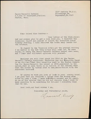 Leonard Craig (Sacco-Vanzetti Defense Committee of Western Pennsylvania) typed letter signed to Mary Donovan, Pittsburgh, Pa., September 28, 1927
