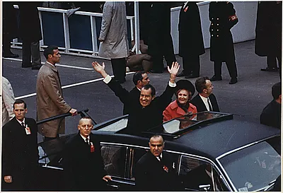 President Richard Nixon and First Lady Pat Nixon Waving from the Presidential Limousine in the Inaugural Motorcade