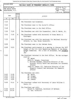 President Gerald R. Ford's Daily Diary, April 01, 1976