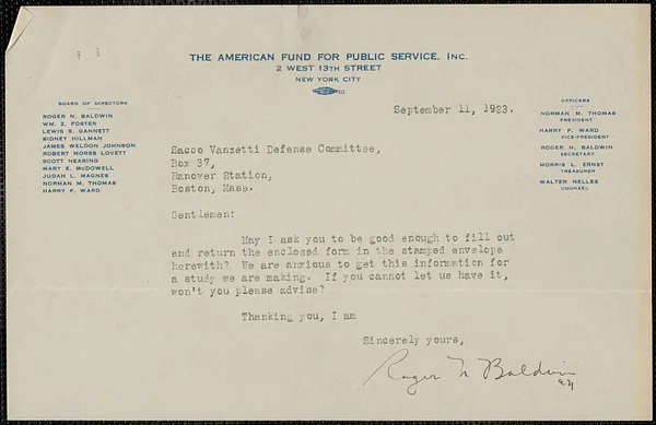 Roger N. Baldwin (The American Fund for Pubic Service) typed letter signed to Sacco-Vanzetti Defense Committee, New York, N.Y., September 11, 1923