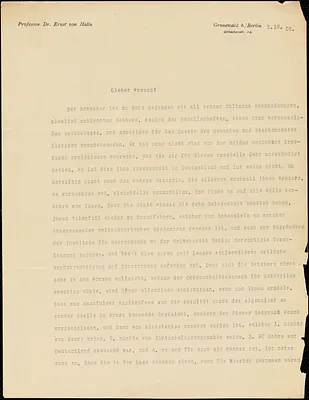 Halle, Ernst von, 1868-1909 typed letter to Hugo Münsterberg, Grunewald b. Berlin, 5-10 December 1906