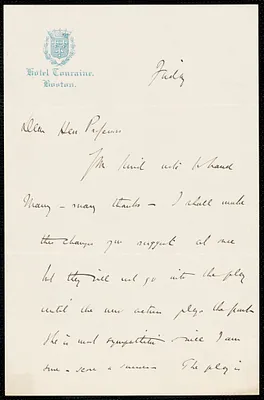 Klein, Charles, 1867-1915 autograph letter signed to Hugo Münsterberg, Boston, 31 August 1916