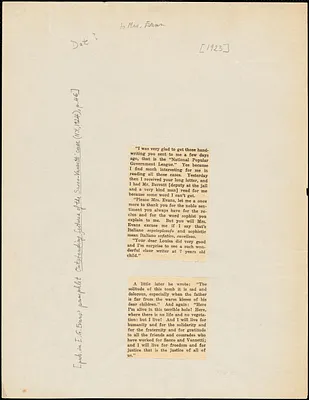 Nicola Sacco printed extracts from two letters to Elizabeth Glendower Evans, [Dedham?, 1923?]