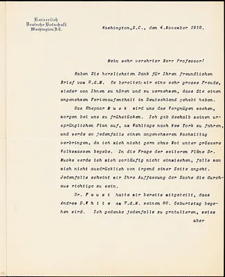Bernstorff, Johann Heinrich, Graf von, 1862-1939 typed letter signed to Hugo Münsterberg, Washington, D.C., 04 November 1912