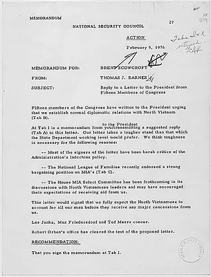 Memorandim from National Security Council staff member Thomas J. Barnes to Deputy National Security Adviser Brent Scowcroft concerning a reply to a letter to the President from fifteen members of Congress about diplomatic relations with the Democratic Republic of Vietnam