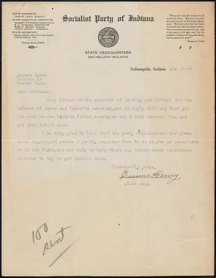 Emma Henry (Socialist Party of Indiana) typed letter signed to Eugene Lyons, Indianapolis, Ind., August 28, 1922