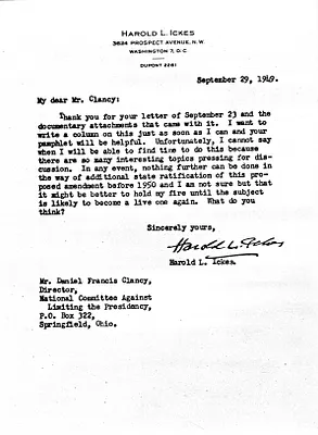 Letter from Harold Ickes to Daniel F. Clancy