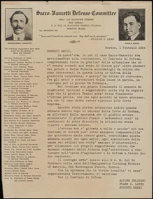 Aldino Felicani, Frank R. Lopez and Augusto Rossi typed letter (circular), in Italian, Boston, Mass., February 1, 1924
