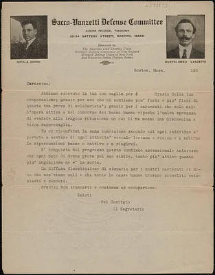 Sacco-Vanzetti Defense Committee typed circular letter, in Italian, to Carissimo, Boston, Mass., January - March 1921