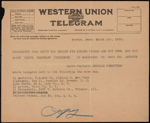 Sacco-Vanzetti Defense Committee telegram (copy), Boston, Mass., March 1, 1923
