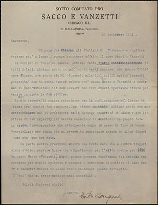 E. Dallacqua (Sotto Comitato Pro Sacco e Vanzetti) typed letter signed, in Italian, to Sacco-Vanzetti Defense Committee, Chicago, Ill., September 26, 1921