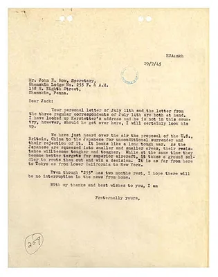 Letter, Major General Henry S. Aurand to John E. Row