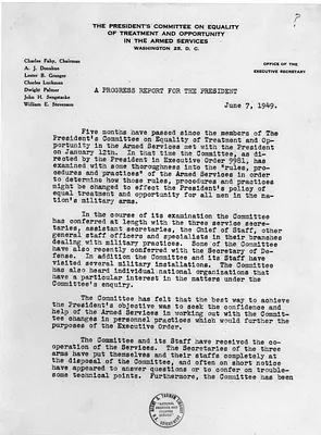 Progress Report from the President's Committee on Equality of Treatment and Opportunity in the Armed Services to President Harry S. Truman