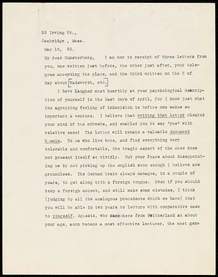 James, William, 1842-1910 typed letter signed to Hugo Münsterberg, Cambridge, Mass., 15 May 1892