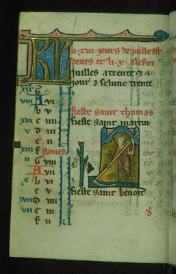 Leaf from Book of Hours: July Calendar, Man Harvesting with a Scythe