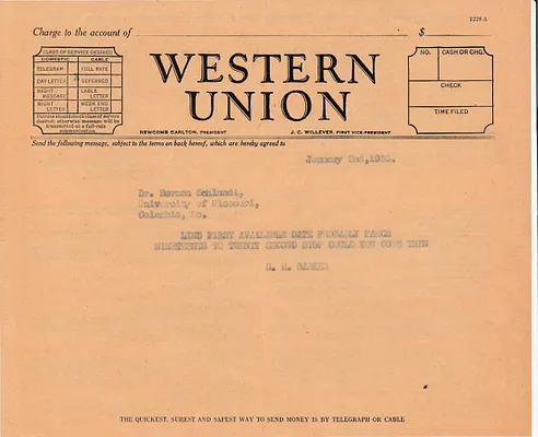 Telegram to Dr. Herman Schlundt, January 2, 1930