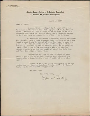 Spencer Burton (Mission House Society of St. John the Evangelist) typed letter signed to [Creighton J.] Hill, Boston, Mass., August 12, 1927