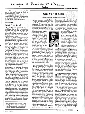 Newsweek Magazine Article, Why Stay in Korea? By General Carl A. Spaatz