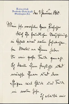 Bernstorff, Johann Heinrich, Graf von, 1862-1939 autograph letter signed to Hugo Münsterberg, Washington, D.C., 03 January 1910