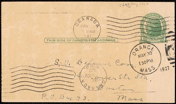 Irene Benton typed note signed (postcard) to Sacco-Vanzetti Defense Committee, Granada, Minn., May 30, 1927
