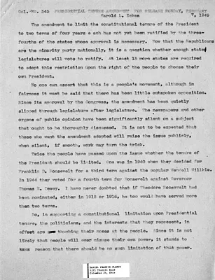 Press Release, Presidential Tenure Amendment by Harold Ickes