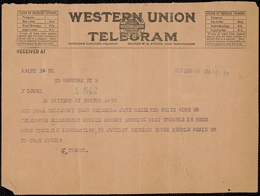 Carlo Tresca telegram to Frank R. Lopez, New York, N.Y., January 10, 1921