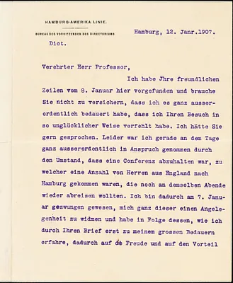 Ballin, Albert, 1857-1918 typed letter signed to Hugo Münsterberg, Hamburg, 12 January 1907