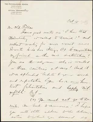 Baldwin, James Mark, 1861-1934 autograph letter signed to Hugo Münsterberg, Princeton, N.J., 15 October 1897?