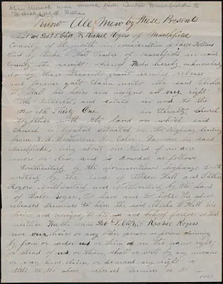 Deed of pew conveyance from owners Deborah T. Clift and Rachel Rogers to Elisha W. Hall