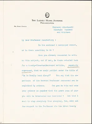 Bok, Edward William, 1863-1930 typed letter signed to Hugo Münsterberg, Philadelphia, 19 February 1913