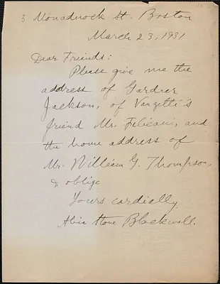 Alice Stone Blackwell autograph note signed to Sacco-Vanzetti Defense Committee, Boston, Mass., March 23, 1931