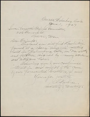 Autograph note signed to Sacco-Vanzetti Defense Committee, Walsenburg, Colo., June 1, 1927