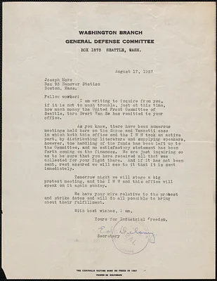 Ed Delaney (General Defense Committee, Washington Branch) typed letter signed to Joseph Moro, Seattle, Wash., August 17, 1927