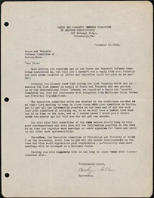 Carolyn Scollen (Sacco-Vanzetti Defense Committee of Western Pennsylvania) typed letter signed to Sacco-Vanzetti Defense Committee, Pittsburgh, Pa., December 31, 1926