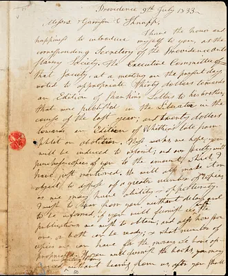 Letter from Thomas Williams and Henry Egbert Benson, Providence, [Rhode Island], to William Lloyd Garrison and Isaac Knapp, 1833 July 9th