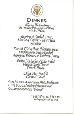 Cards-Menus, Dinner, Honoring His Excellency The President of the Republic of Poland and Mrs. Walesa, The White House, March 20, 1991