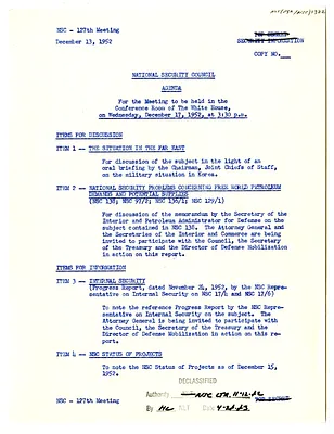 Agenda for the One Hundred and Twenty-Seventh Meeting of the National Security Council