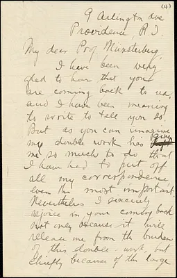 Delabarre, Edmund Burke, 1863-1945 autograph letter signed to Hugo Münsterberg, Providence, R.I., 29 April 1897