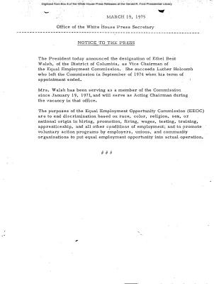 President Designates Ethel Bent Walsh as Vice Chairman of the Equal Employment Commission [Position Appointments and Resignations]