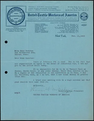 Thomas F. McMahon (United Textile Workers of America) autograph letter signed to Mary Donovan, New York, N.Y., February 11, 1925