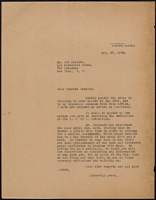Amleto Fabbri typed letter (copy) to Art Shields (The Federated Press), Boston, Mass., October 27, 1925