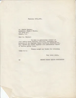 Letters Sent to Josiah Stryker, February 18, 1931