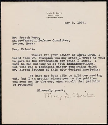 Mary D. Brite typed letter signed to Joseph Moro, Cincinnati, Ohio, May 8, 1927
