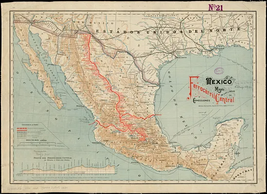 Mexico, mapa de las lineas del Ferrocarril Central Mexicano y conecciones