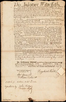 Margarett Cunningham indentured to apprentice with Hezekiah B Welch of Boston, 6 October 1762