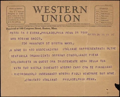Comitato Italiano telegram, in Italian, to Rosina [Rose] Sacco, Philadelphia, Pa., August 24, 1927